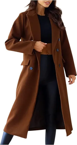 Womens Winter Coat Jacket Classic Soild Open Front Single-Breasted Peacoat Comfort Wool Blend Lapel Collar Long Jacket