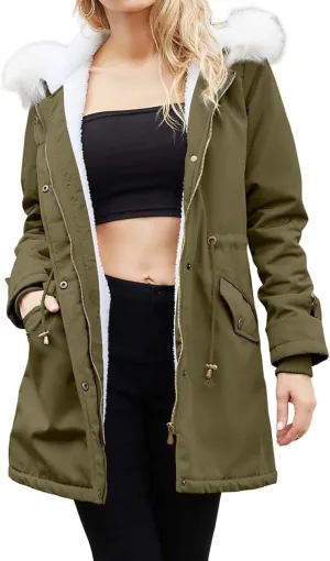 Womens Winter Fleece Jackets Warm Jackets with Faux Fur Removable Hood Casual Zipper Coats Thicken Parka