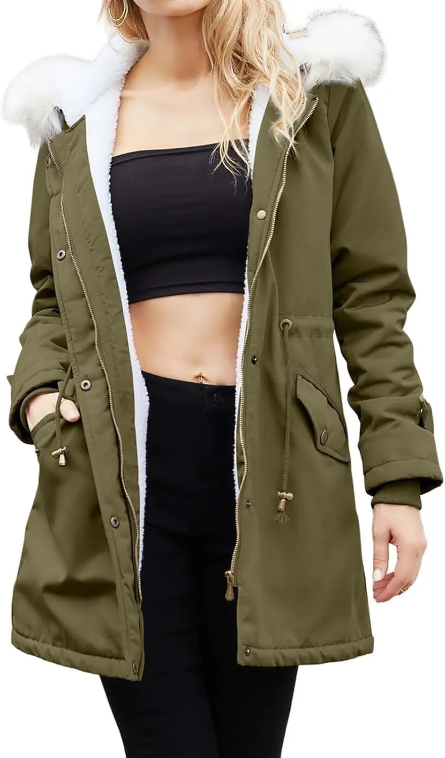 Womens Winter Fleece Jackets Warm Jackets with Faux Fur Removable Hood Casual Zipper Coats Thicken Parka
