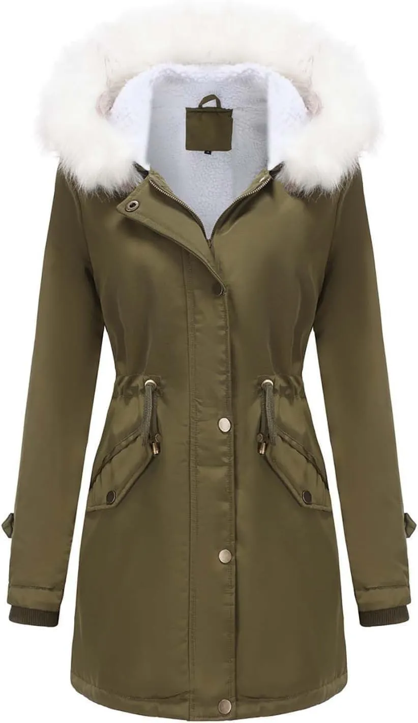 Womens Winter Fleece Jackets Warm Jackets with Faux Fur Removable Hood Casual Zipper Coats Thicken Parka