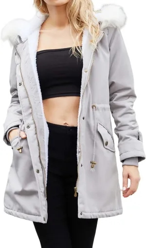 Womens Winter Fleece Jackets Warm Jackets with Faux Fur Removable Hood Casual Zipper Coats Thicken Parka