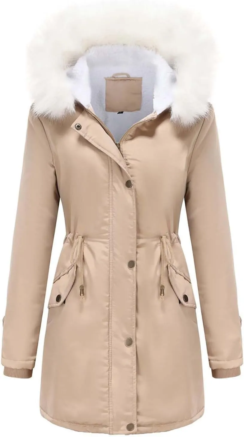 Womens Winter Fleece Jackets Warm Jackets with Faux Fur Removable Hood Casual Zipper Coats Thicken Parka