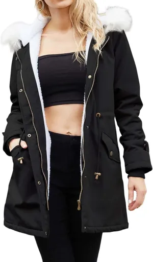 Womens Winter Fleece Jackets Warm Jackets with Faux Fur Removable Hood Casual Zipper Coats Thicken Parka