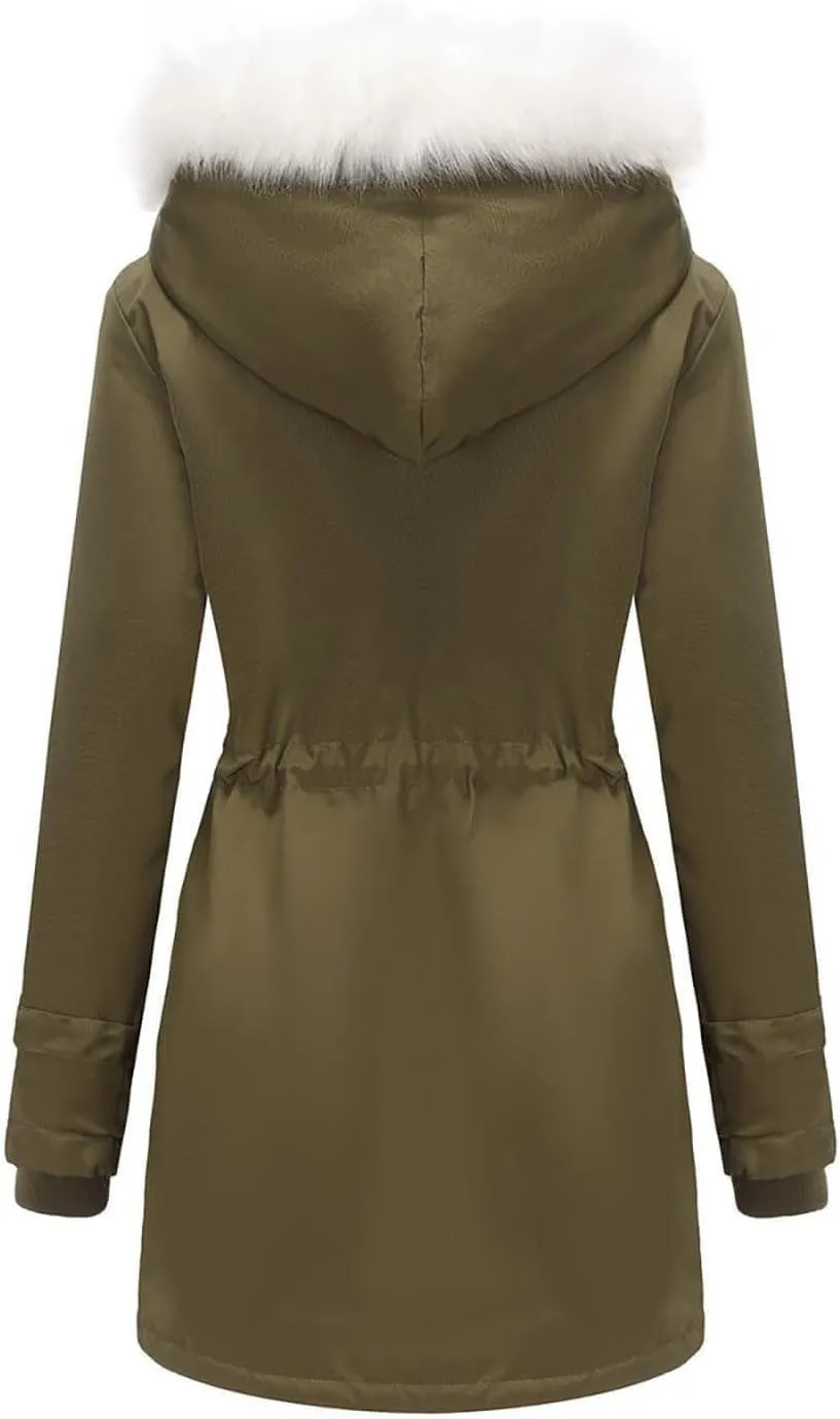 Womens Winter Fleece Jackets Warm Jackets with Faux Fur Removable Hood Casual Zipper Coats Thicken Parka