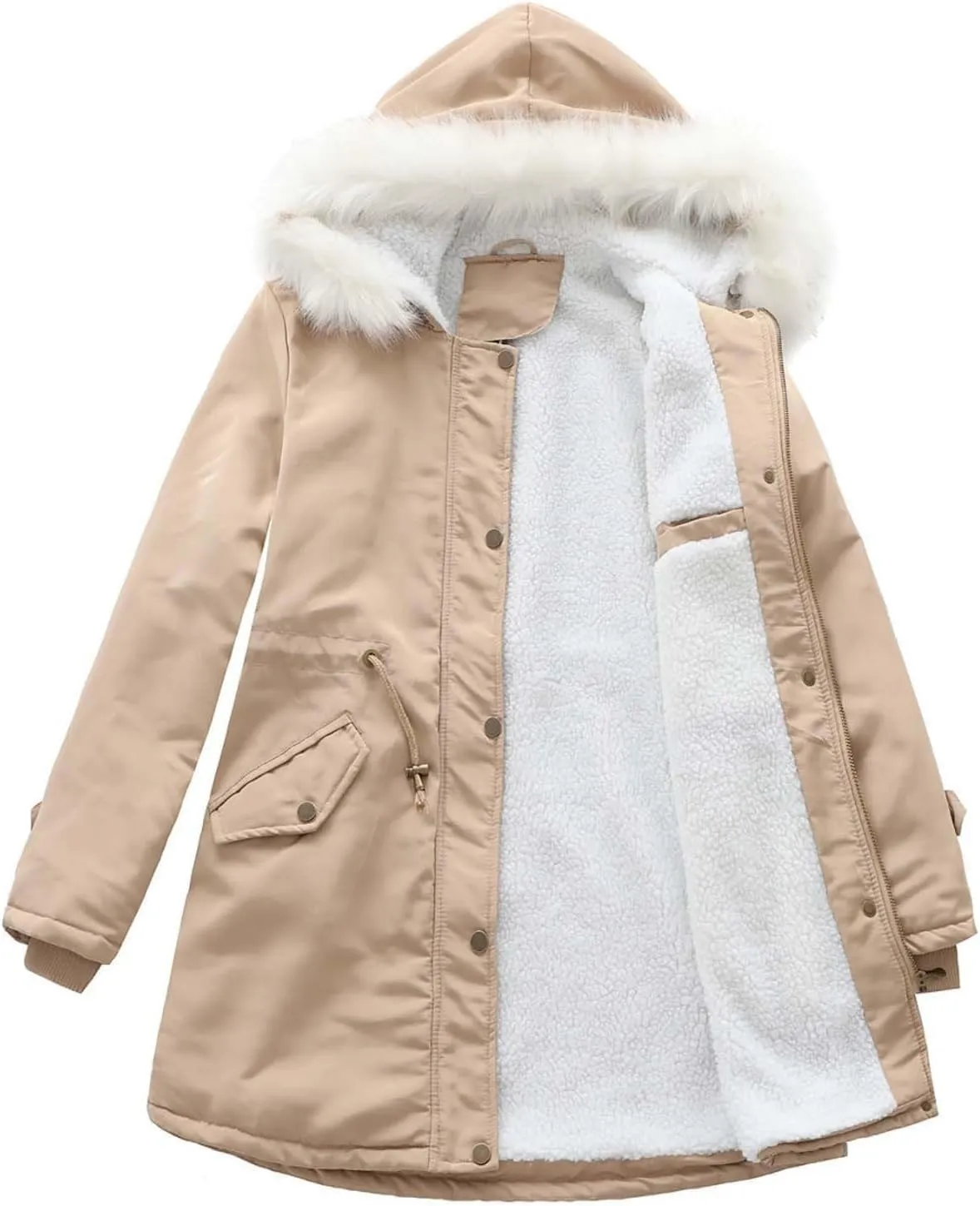 Womens Winter Fleece Jackets Warm Jackets with Faux Fur Removable Hood Casual Zipper Coats Thicken Parka