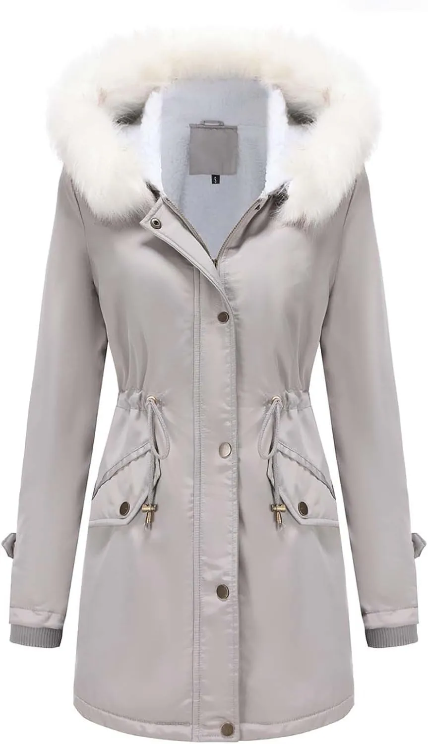 Womens Winter Fleece Jackets Warm Jackets with Faux Fur Removable Hood Casual Zipper Coats Thicken Parka