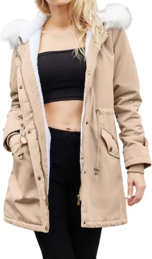 Womens Winter Fleece Jackets Warm Jackets with Faux Fur Removable Hood Casual Zipper Coats Thicken Parka