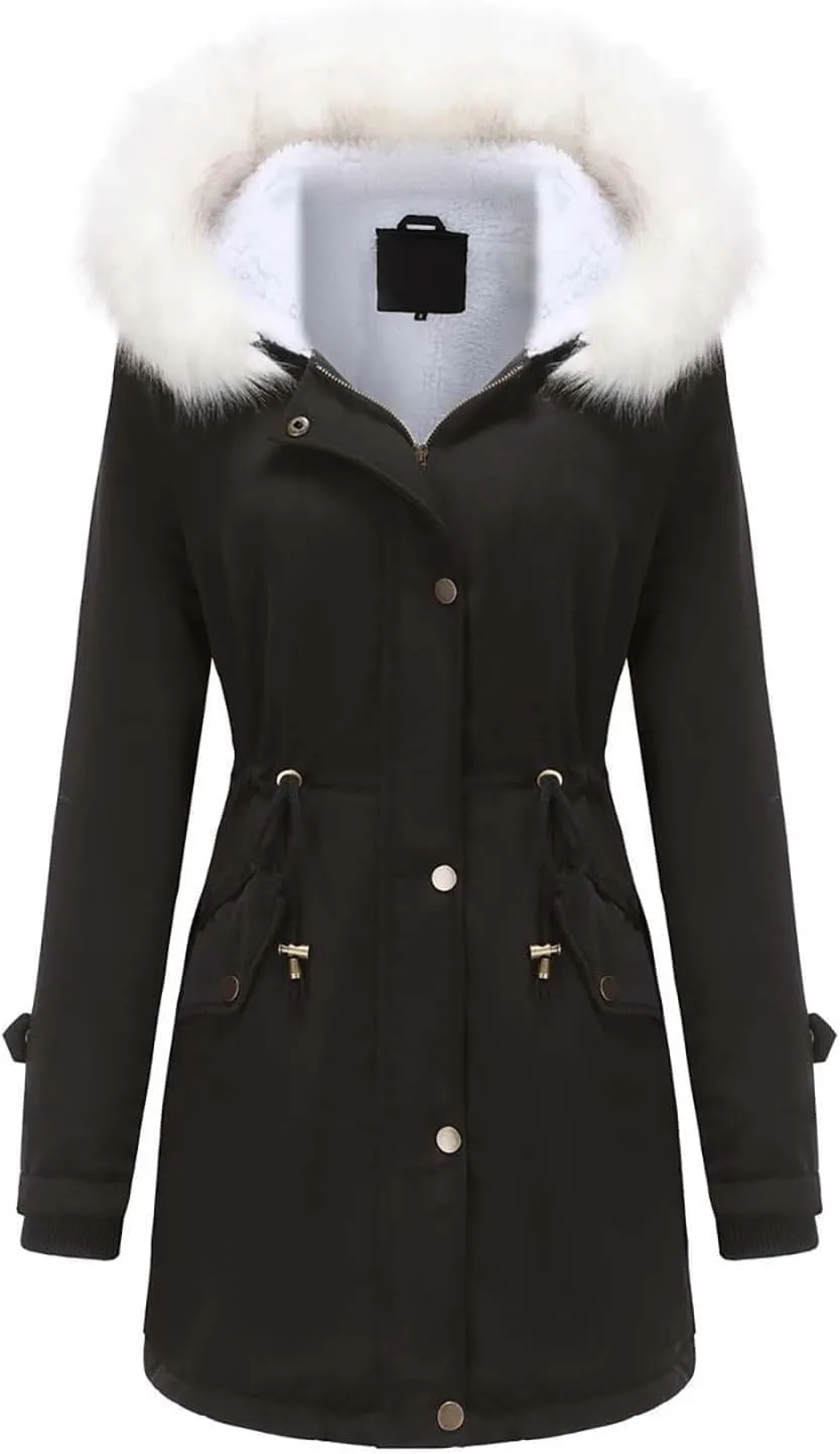 Womens Winter Fleece Jackets Warm Jackets with Faux Fur Removable Hood Casual Zipper Coats Thicken Parka