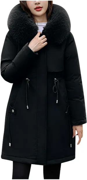 Women's Winter Quilted Coat Thick Warm Puffer Jacket Padded Down Coats With Fur Hood Knee Length Windproof Outerwear
