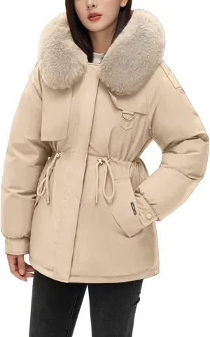 Women's Winter Thicken Puffer Coat Warm Fleece Lined Casual Down Jacket Faux Fur Hood Military Jacket Parka Travel