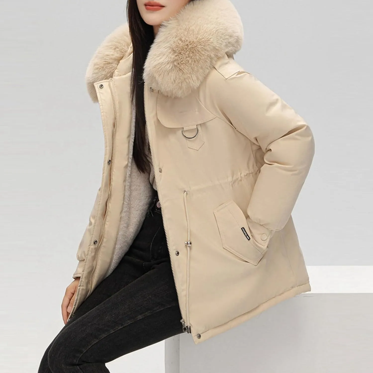 Women's Winter Thicken Puffer Coat Warm Fleece Lined Casual Down Jacket Faux Fur Hood Military Jacket Parka Travel