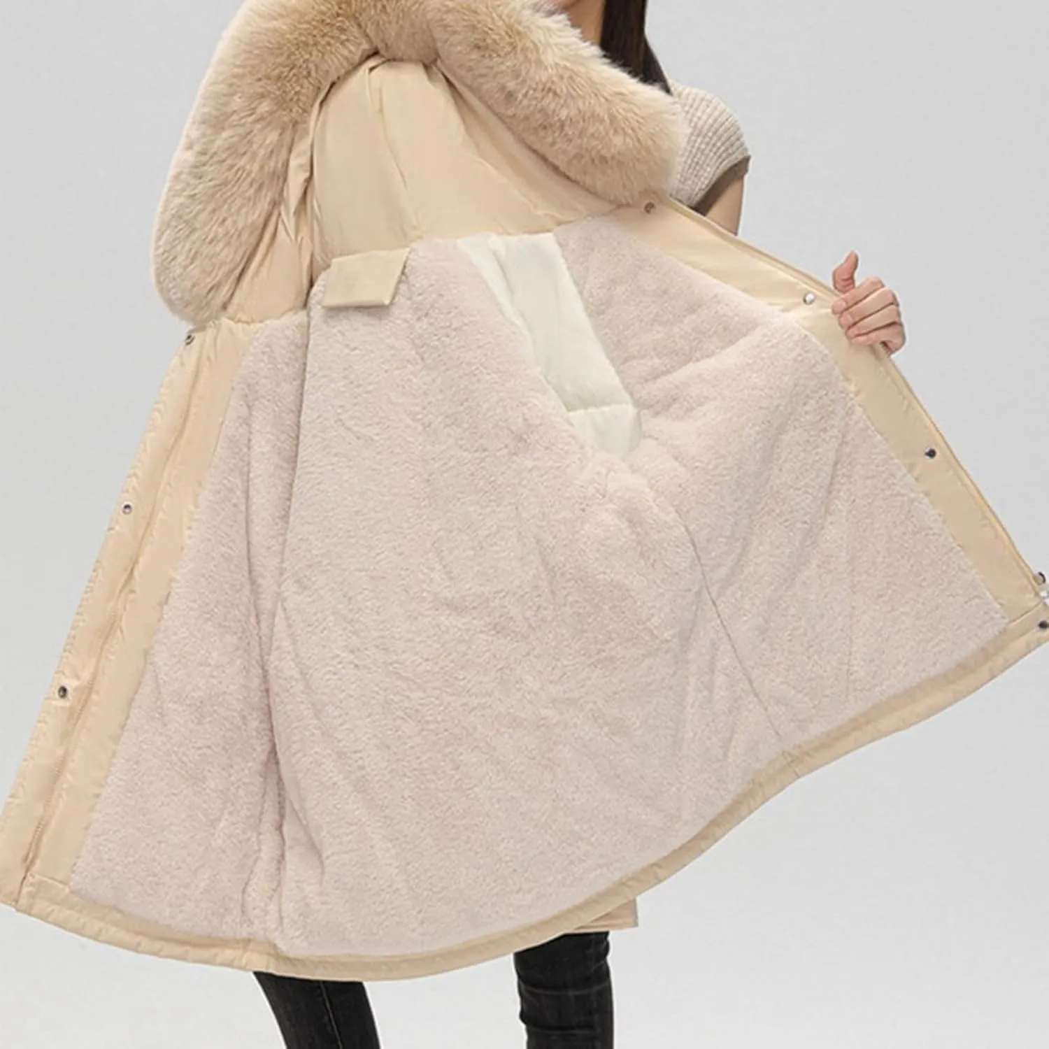 Women's Winter Thicken Puffer Coat Warm Fleece Lined Casual Down Jacket Faux Fur Hood Military Jacket Parka Travel
