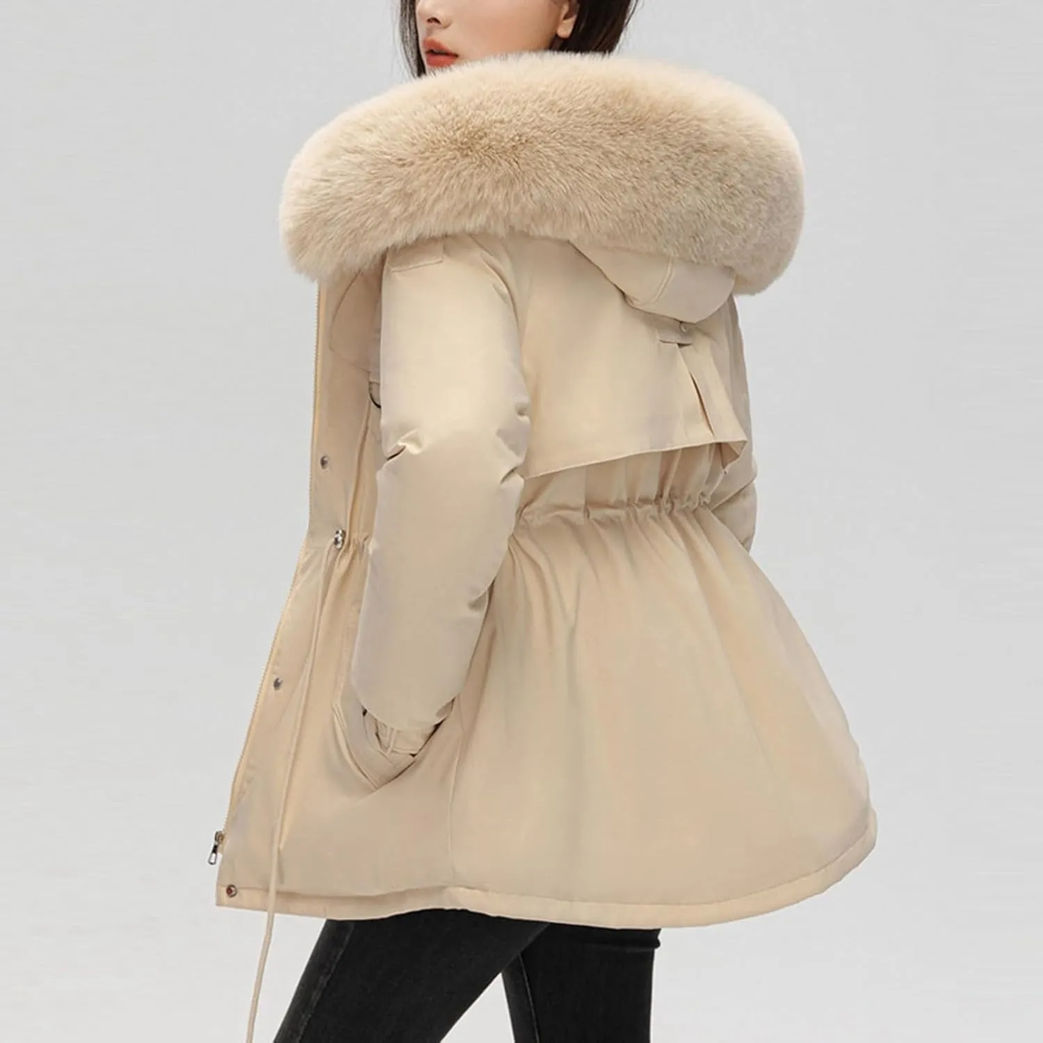 Women's Winter Thicken Puffer Coat Warm Fleece Lined Casual Down Jacket Faux Fur Hood Military Jacket Parka Travel