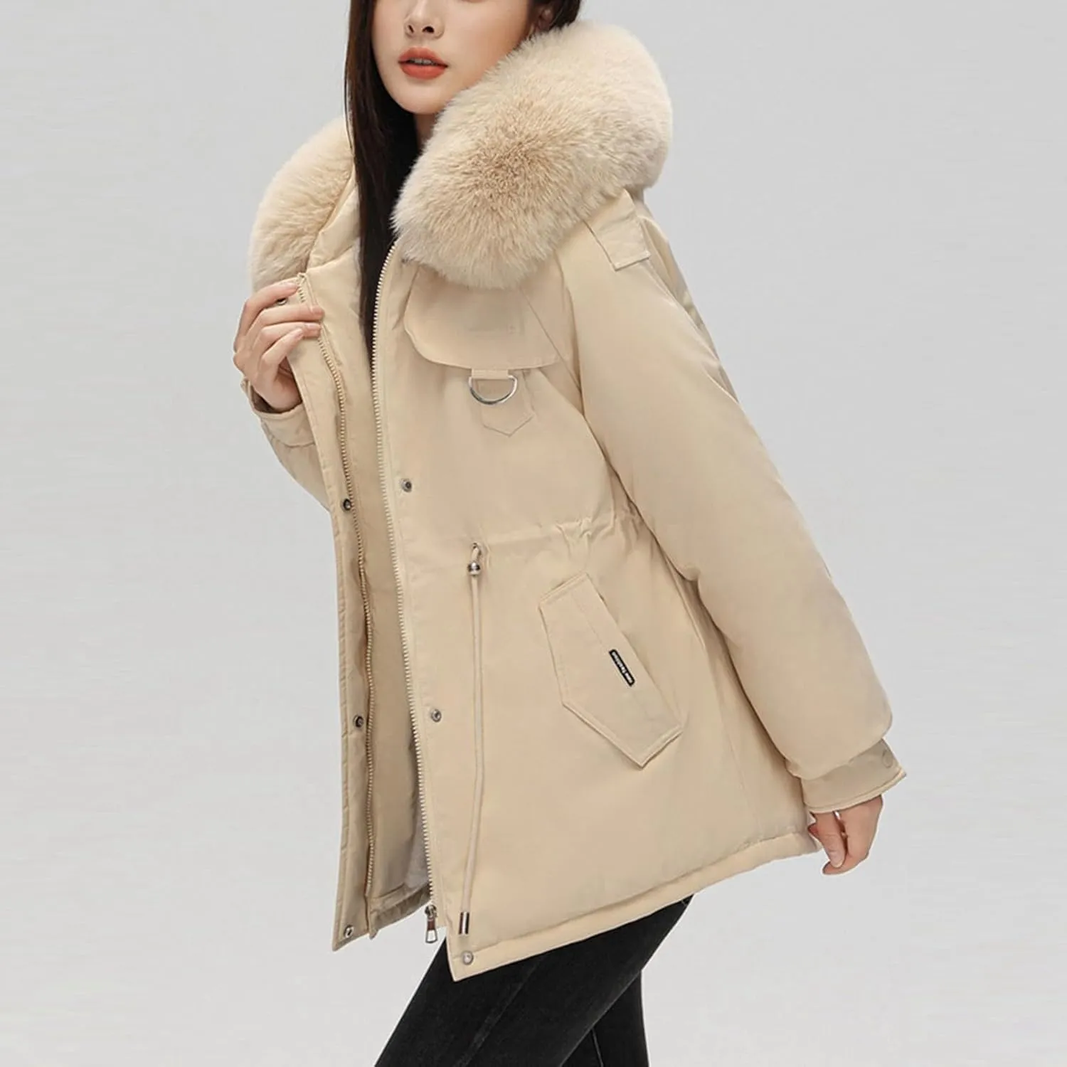 Women's Winter Thicken Puffer Coat Warm Fleece Lined Casual Down Jacket Faux Fur Hood Military Jacket Parka Travel