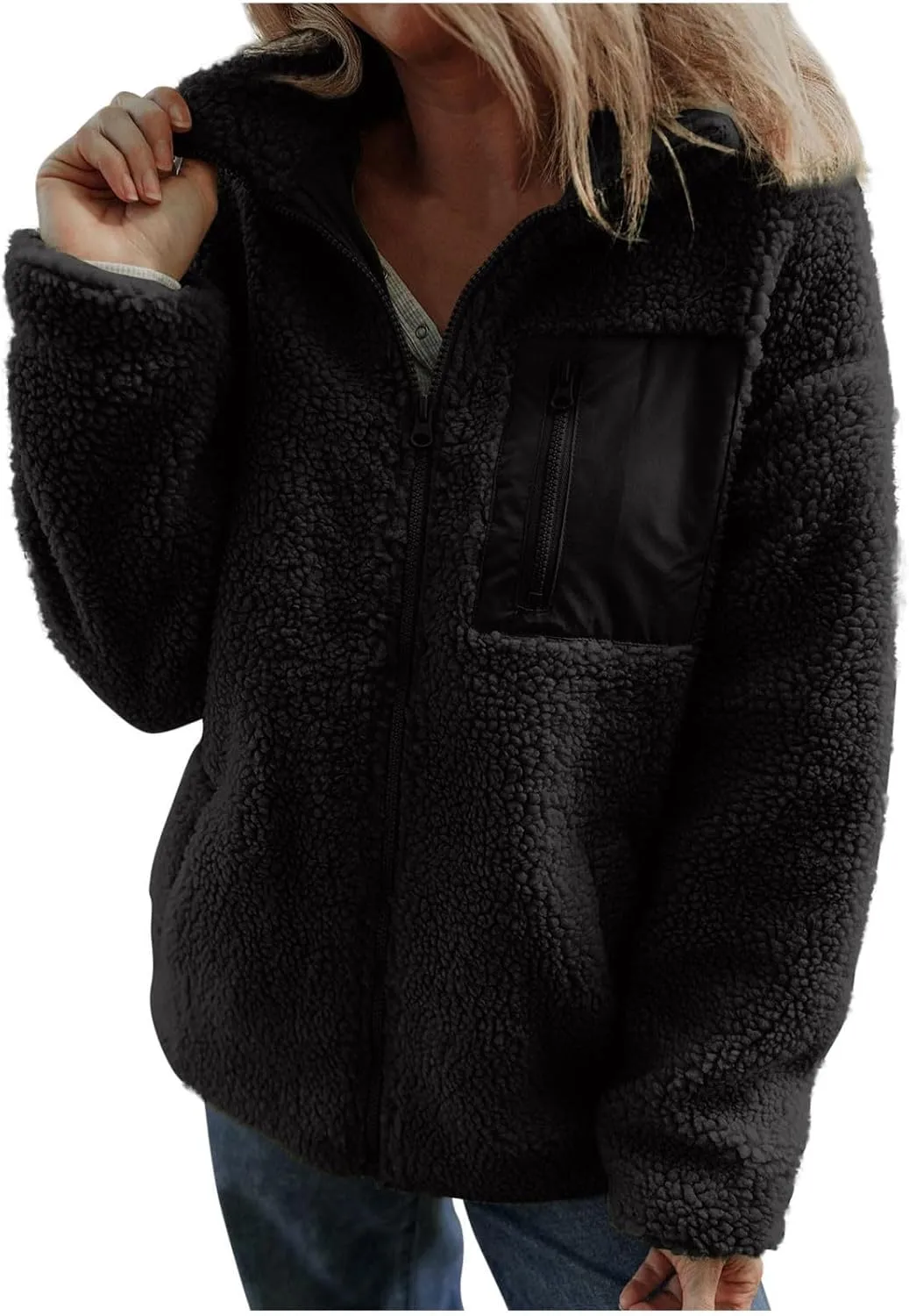 Womens Winter Trendy Full Zipper Fleece Jackets Long Sleeve Relaxed Warm Coats Fleece Coat Button Down Casual Jacket