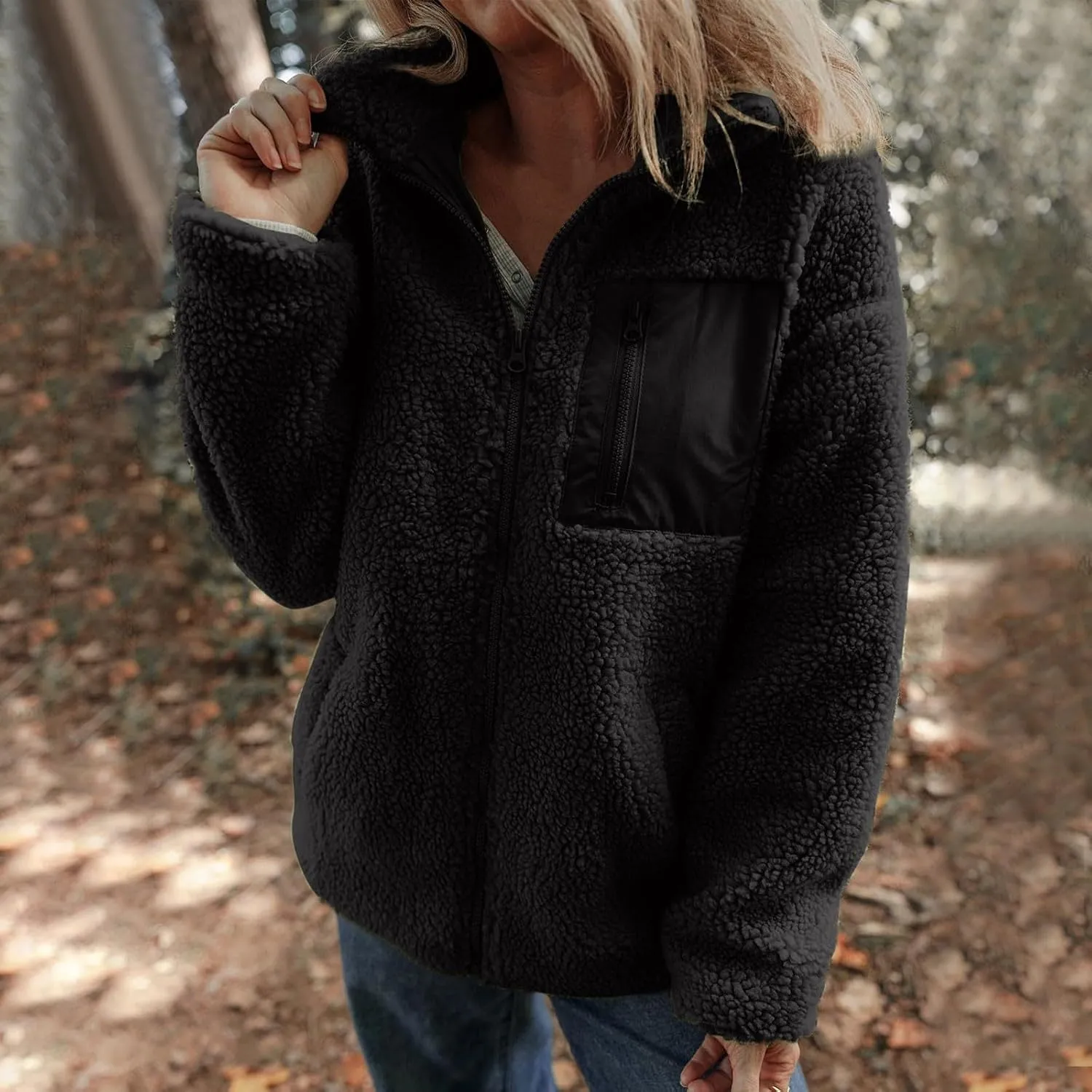 Womens Winter Trendy Full Zipper Fleece Jackets Long Sleeve Relaxed Warm Coats Fleece Coat Button Down Casual Jacket
