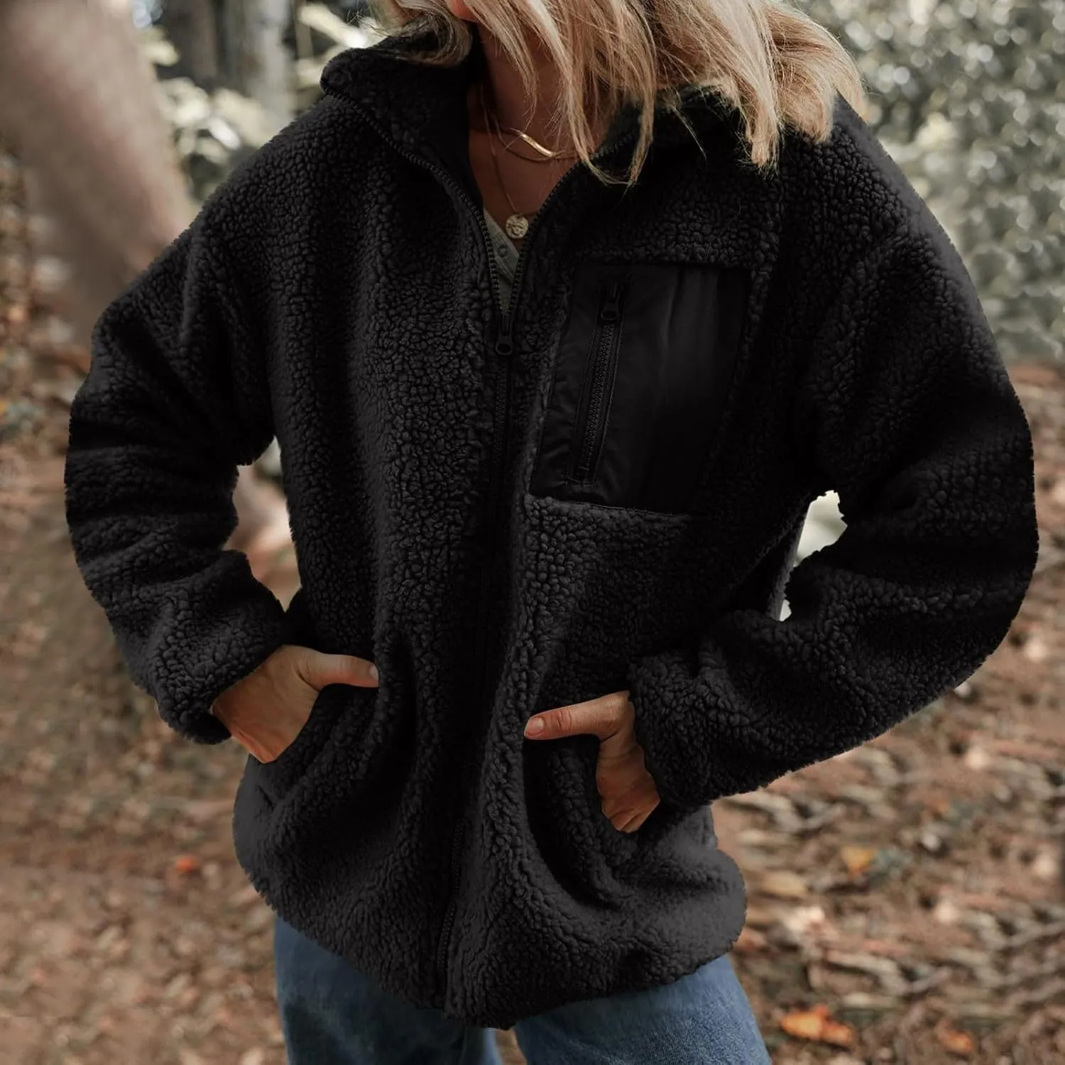 Womens Winter Trendy Full Zipper Fleece Jackets Long Sleeve Relaxed Warm Coats Fleece Coat Button Down Casual Jacket