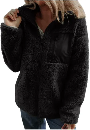 Womens Winter Trendy Full Zipper Fleece Jackets Long Sleeve Relaxed Warm Coats Fleece Coat Button Down Casual Jacket