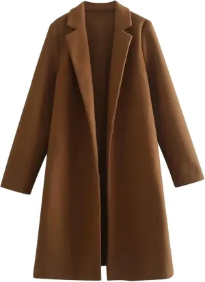 Women's Winter Wool Blend Coat Notch Lapel Open Front Cardigan Peacoat Casual Loose Warm Overcoat Mid-Long Outerwear