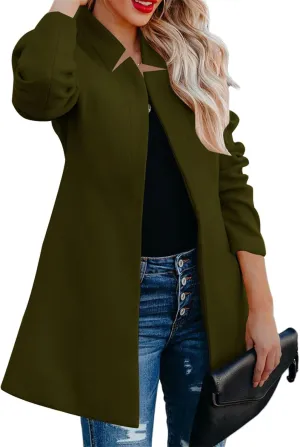 Womens Winter Wool Blend Coats Stand Collar Mid Long Pea Trench Coat Open Front Jackets Cardigans Overcoat Outwear