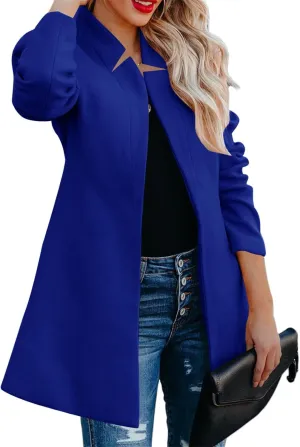 Womens Winter Wool Blend Coats Stand Collar Mid Long Pea Trench Coat Open Front Jackets Cardigans Overcoat Outwear