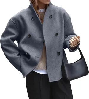Womens Wool Blend Coat Casual Short Double Breasted Coats Oversized Stand Collar Jackets Winter Pea Coat