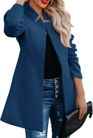 Womens Wool Blend Coats Open Front Stand Collar Cardigan Casual Mid-Long Pea Trench Coat