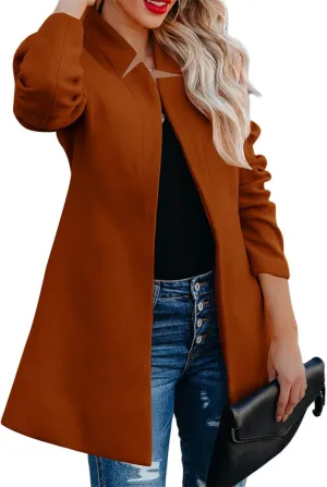 Womens Wool Blend Coats Open Front Stand Collar Cardigan Casual Mid-Long Pea Trench Coat