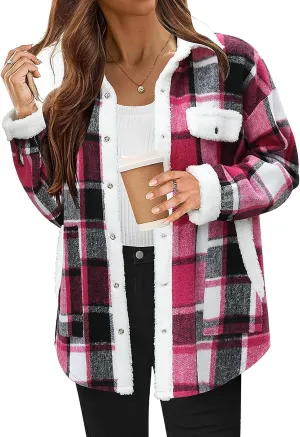 Womens Wool Blend Jackets Plaid Flannel Shackets Jacket Casual Long Sleeve Button Down Shirt Fashion Fall Winter Coat