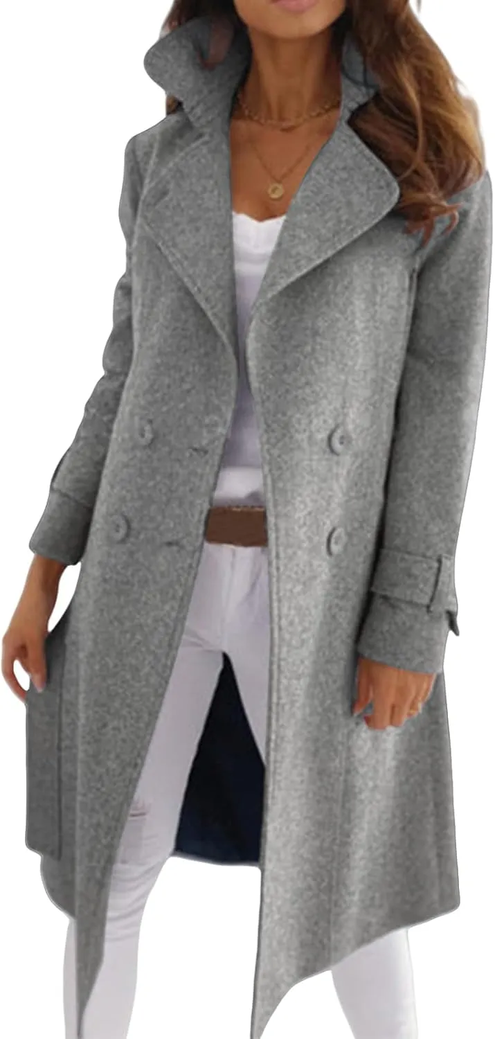Womens Wool Blend Pea Coat Double Breast Notch Lapel Trench Coat Casual Loose Long Overcoat