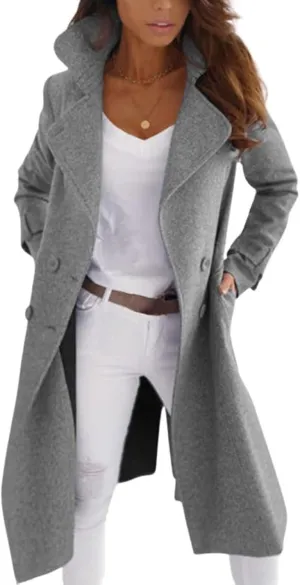 Womens Wool Blend Pea Coat Double Breast Notch Lapel Trench Coat Casual Loose Long Overcoat