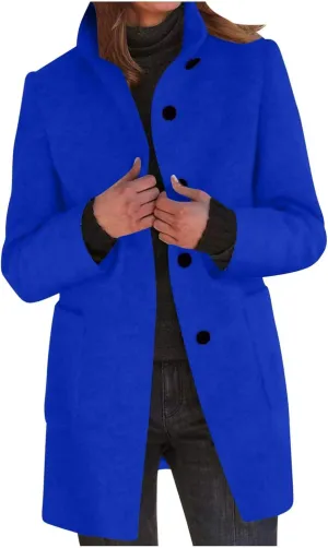 Womens Wool Blend Pea Coat Fashion Single Breasted Trench Coat Casual Stand Collar Jacket