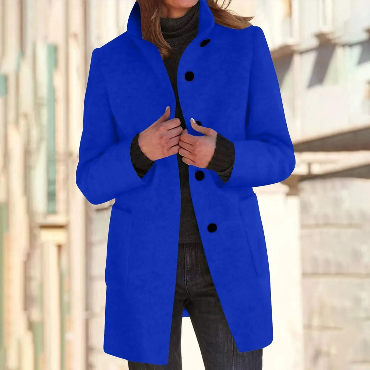 Womens Wool Blend Pea Coat Fashion Single Breasted Trench Coat Casual Stand Collar Jacket