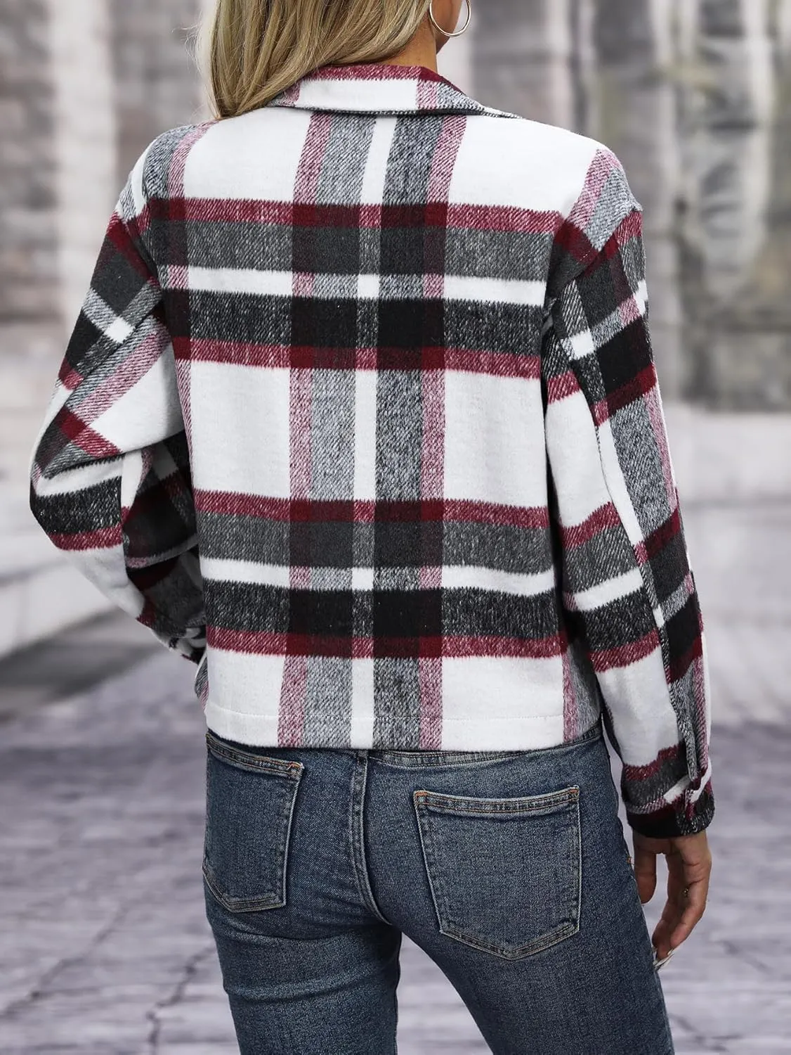 Womens Wool Blend Plaid Shacket Cropped Button Down Shirt Fashion Long Sleeve Jackets Coat