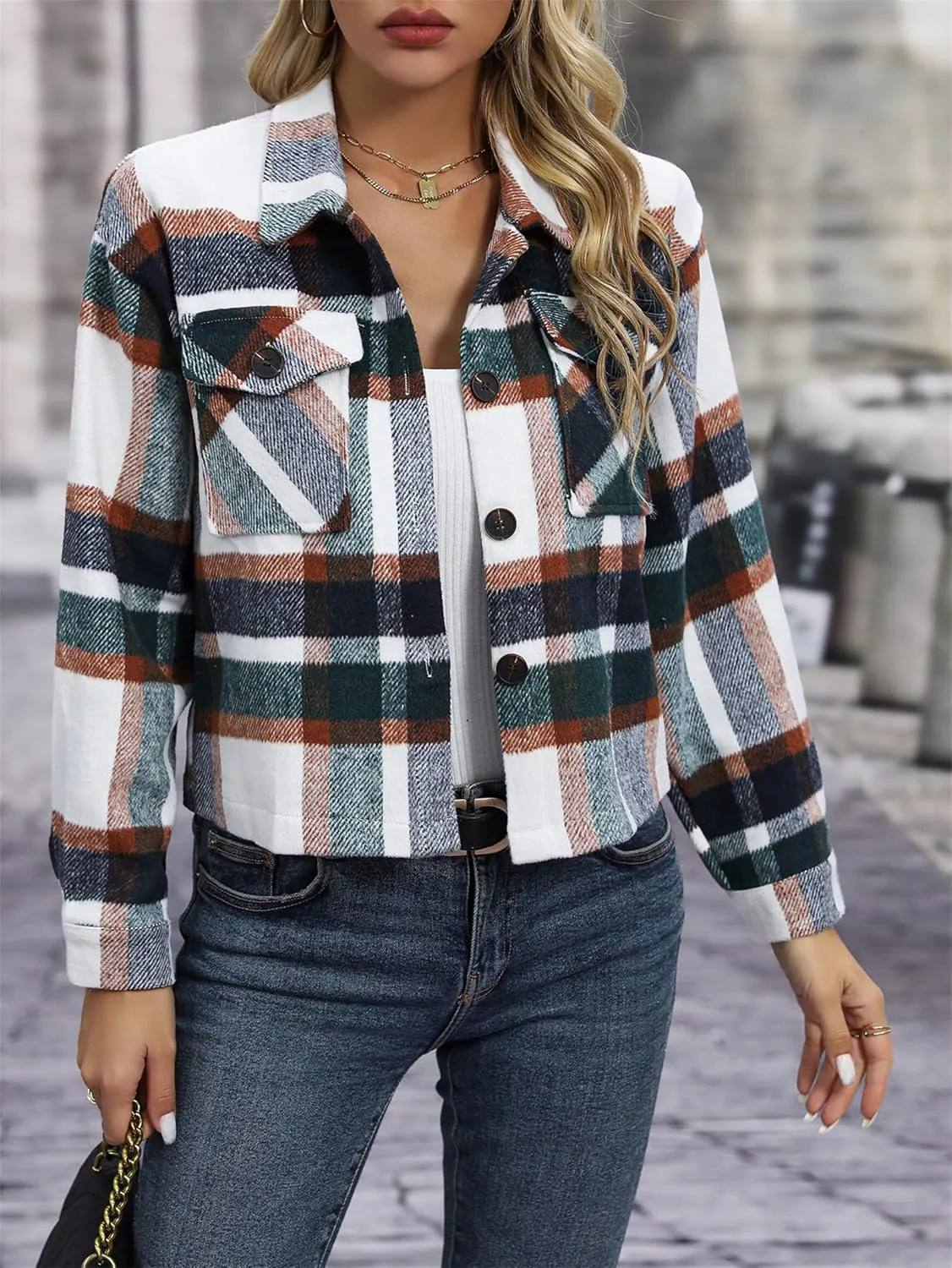 Womens Wool Blend Plaid Shacket Cropped Button Down Shirt Fashion Long Sleeve Jackets Coat