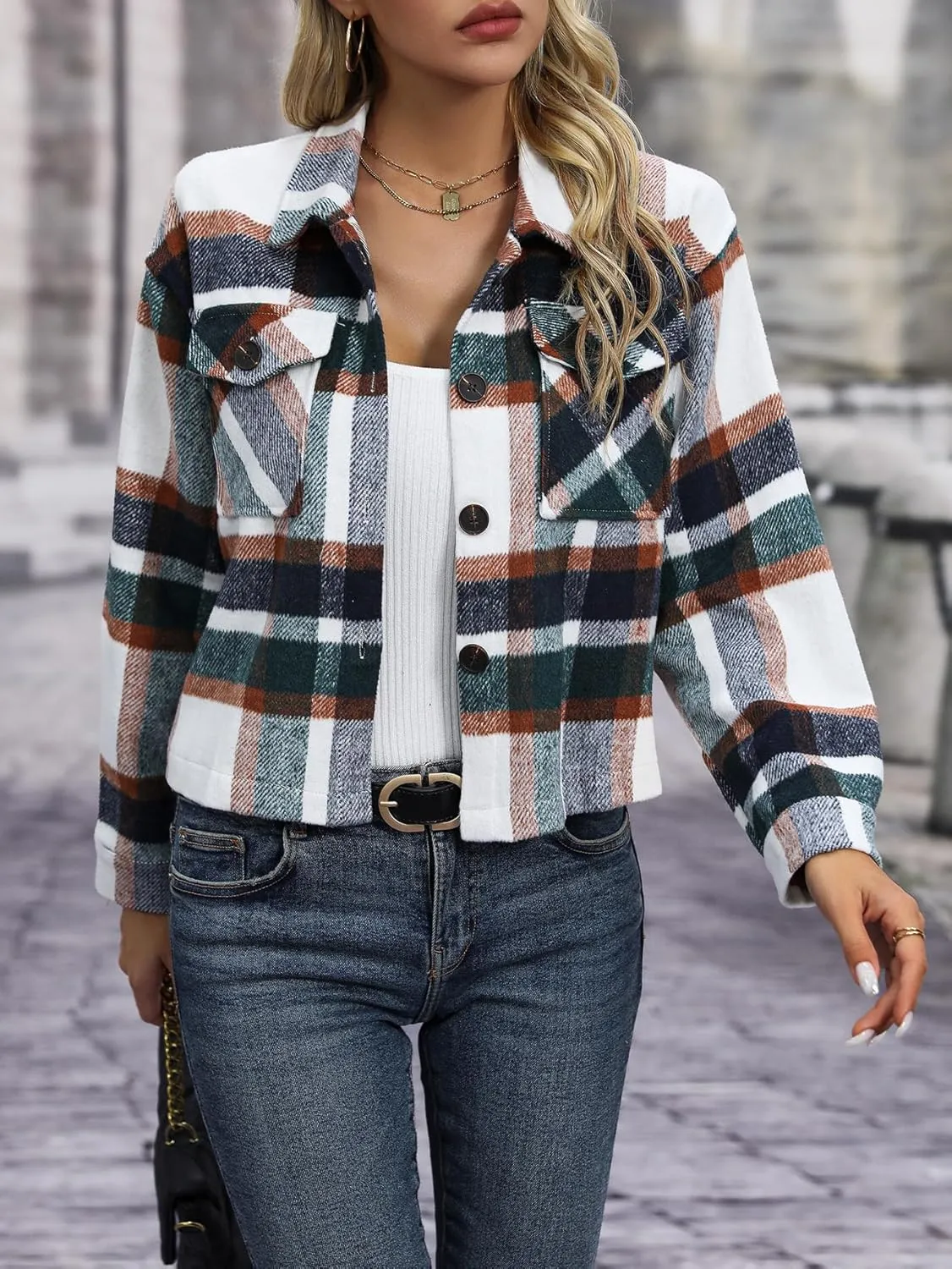 Womens Wool Blend Plaid Shacket Cropped Button Down Shirt Fashion Long Sleeve Jackets Coat