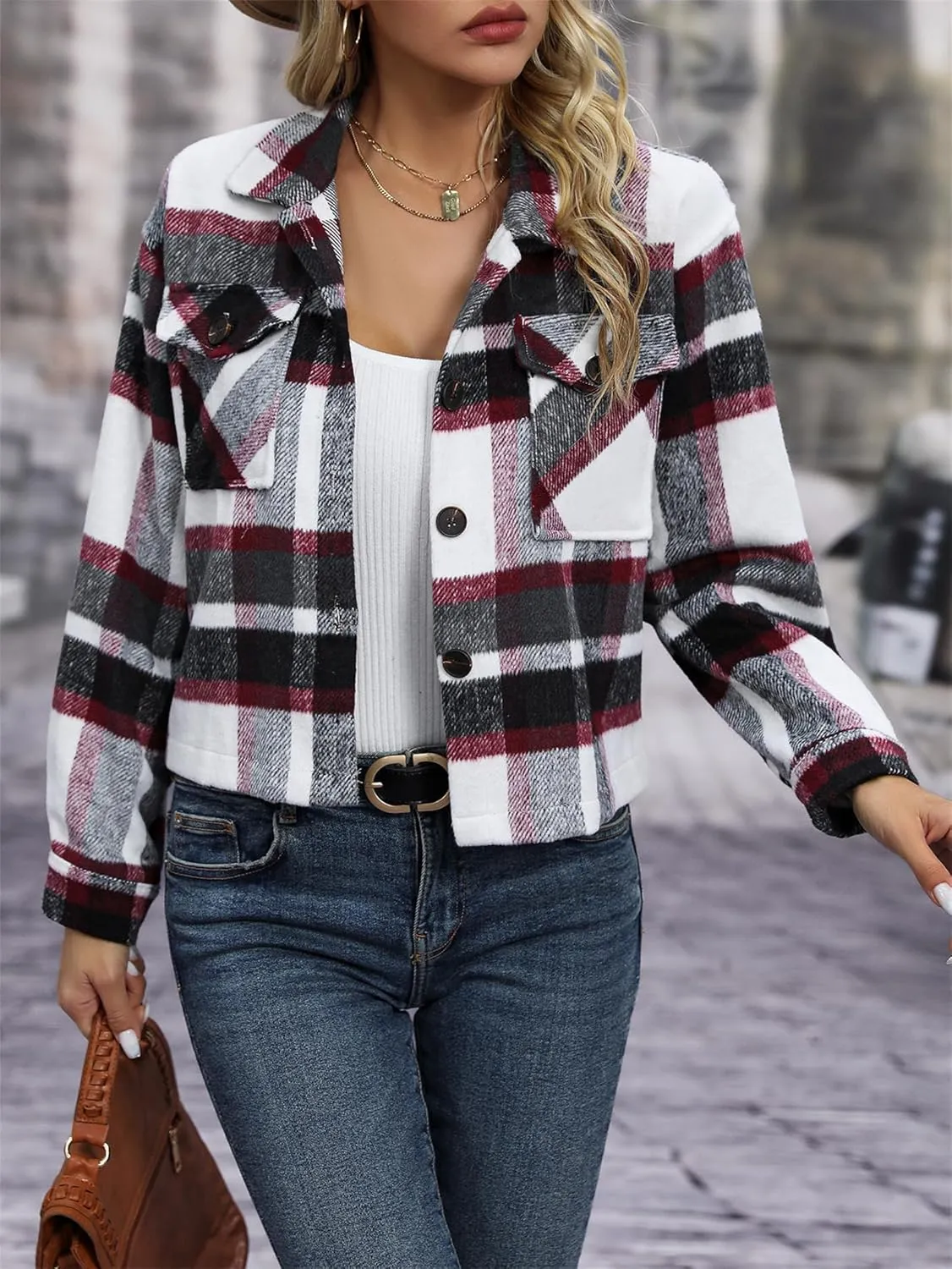 Womens Wool Blend Plaid Shacket Cropped Button Down Shirt Fashion Long Sleeve Jackets Coat