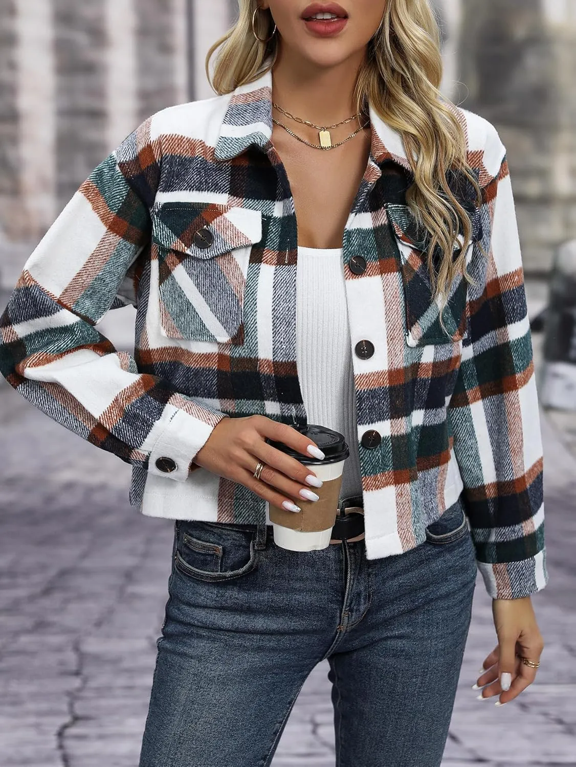 Womens Wool Blend Plaid Shacket Cropped Button Down Shirt Fashion Long Sleeve Jackets Coat