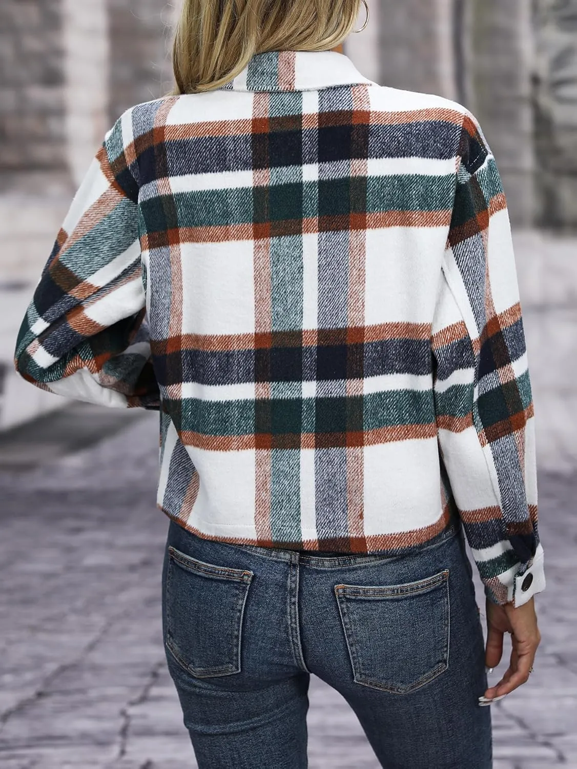 Womens Wool Blend Plaid Shacket Cropped Button Down Shirt Fashion Long Sleeve Jackets Coat