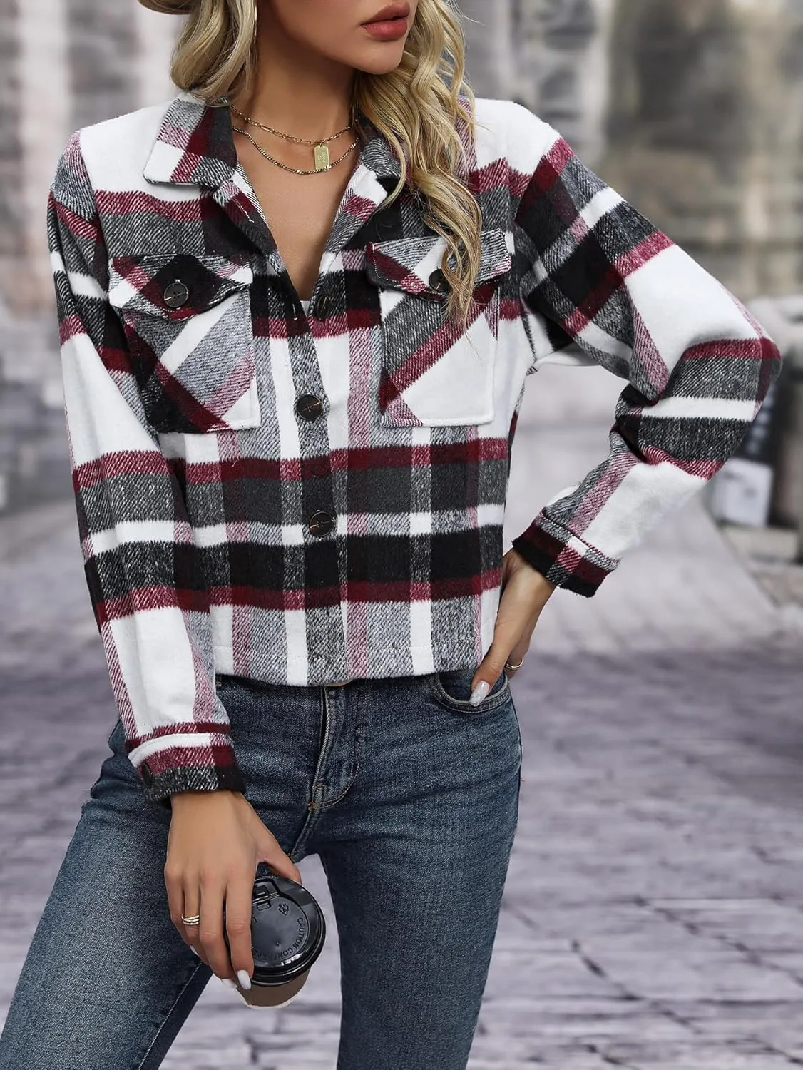 Womens Wool Blend Plaid Shacket Cropped Button Down Shirt Fashion Long Sleeve Jackets Coat
