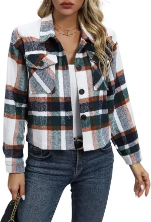 Womens Wool Blend Plaid Shacket Cropped Button Down Shirt Fashion Long Sleeve Jackets Coat