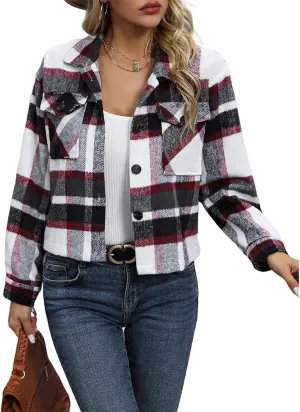 Womens Wool Blend Plaid Shacket Cropped Button Down Shirt Fashion Long Sleeve Jackets Coat
