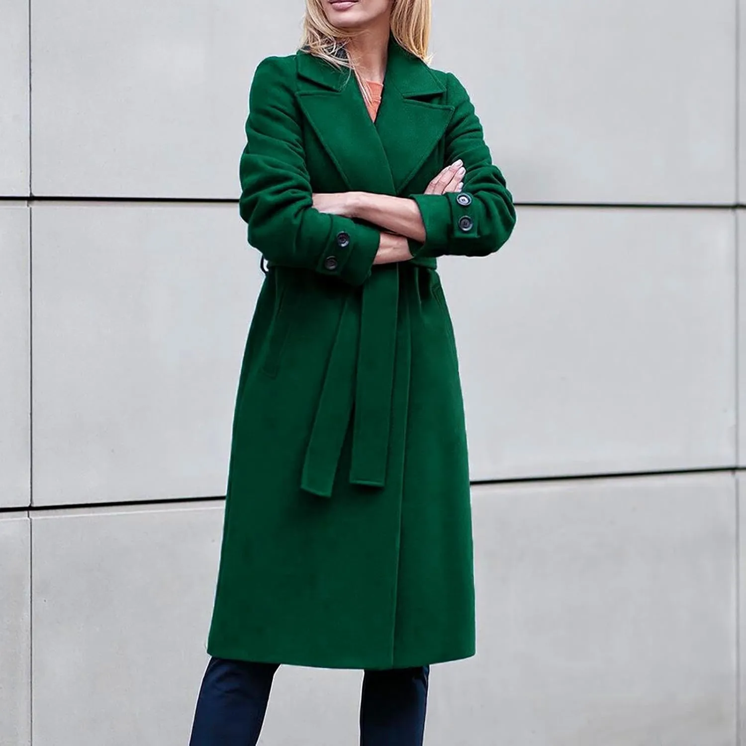 Womens Wool Blend Trench Coats Belted Notched Lapel Collar Overcoats Business Casual Long Sleeve Fashion Jackets