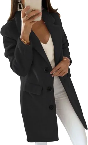 Womens Wool Blend Winter Coats Lapel Single Breasted Pea Coat Thick Warm Trench Coat Solid Color Casual Overcoat