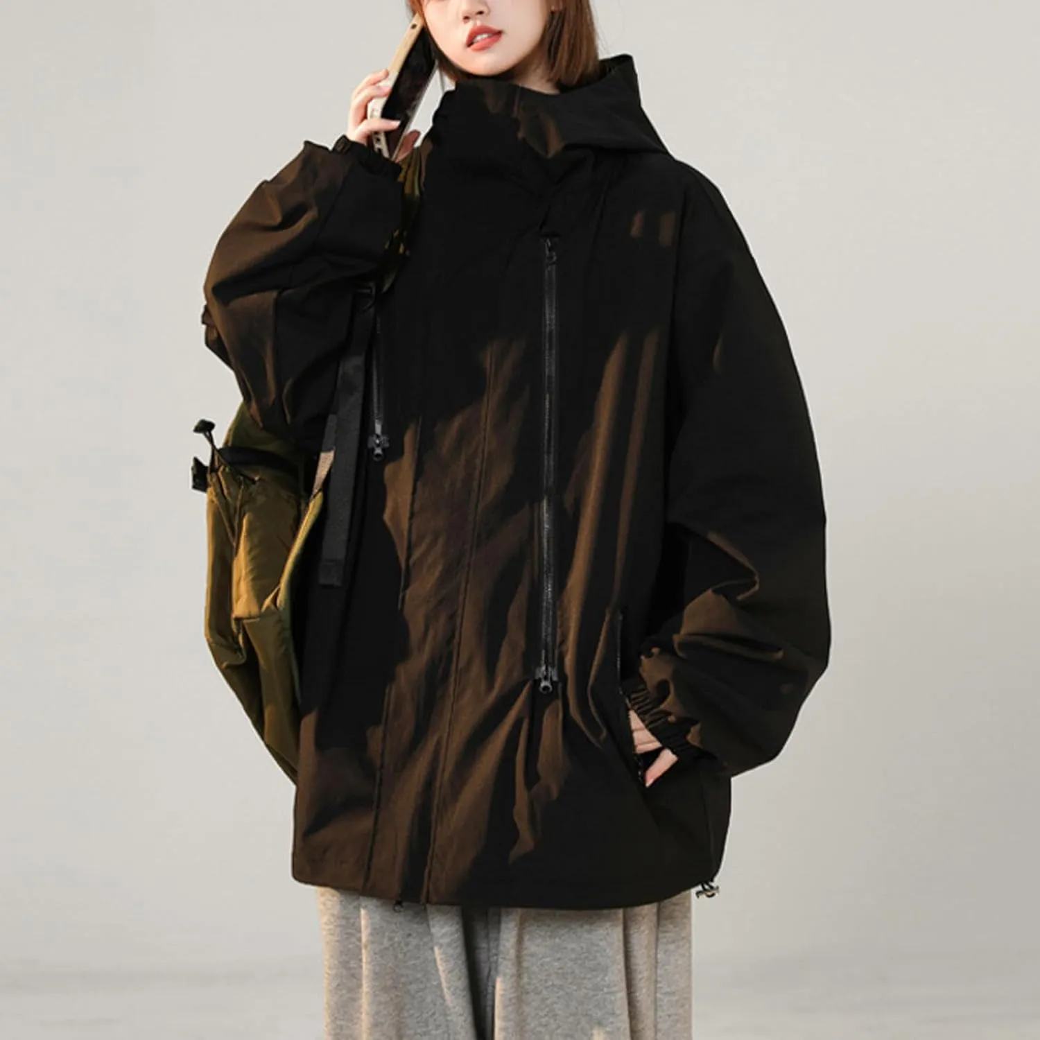 Women'sCasual Loose Zipper Hooded Jackets Fashion 2024 Solid Long Sleeve Windproof Trendy Stand Collar Jacket Coats