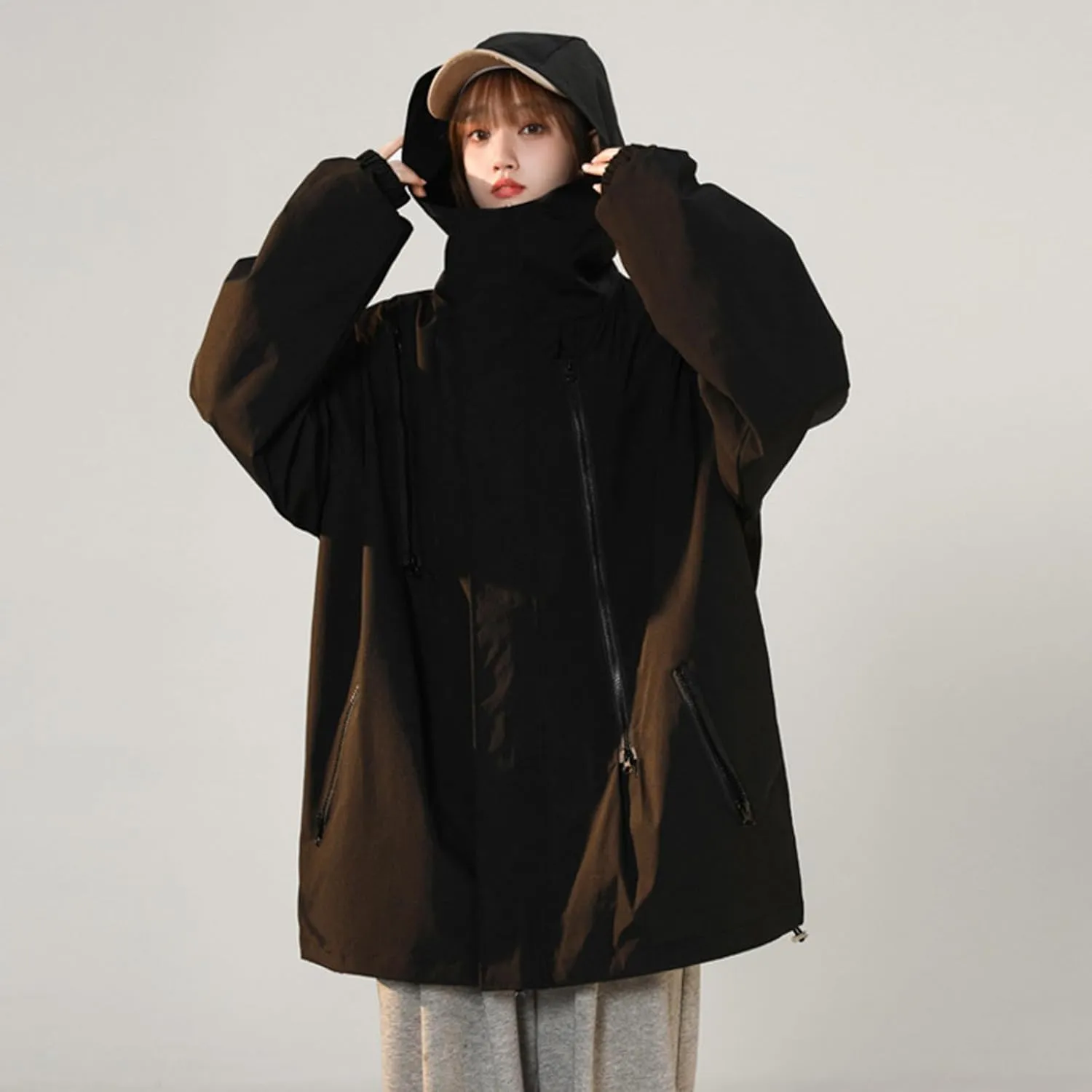 Women'sCasual Loose Zipper Hooded Jackets Fashion 2024 Solid Long Sleeve Windproof Trendy Stand Collar Jacket Coats