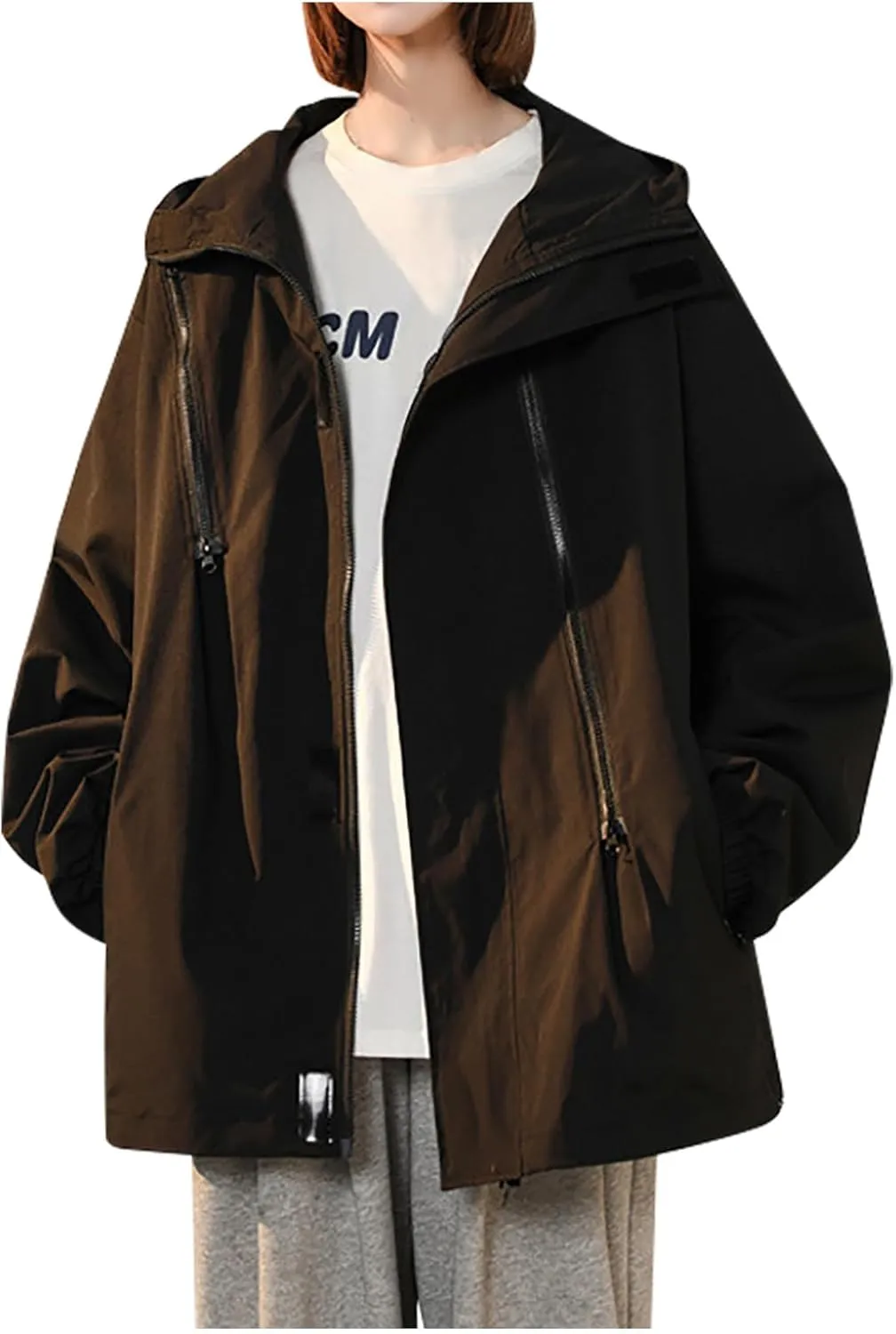 Women'sCasual Loose Zipper Hooded Jackets Fashion 2024 Solid Long Sleeve Windproof Trendy Stand Collar Jacket Coats