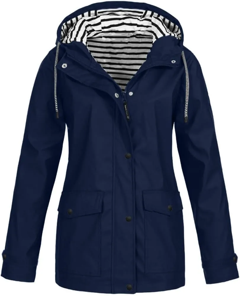 Women'sLong Sleeve Trench Jacket Fashion 2024 Solid With Button Outdoor Raincoat Winter Comfy Hooded Windbreaker