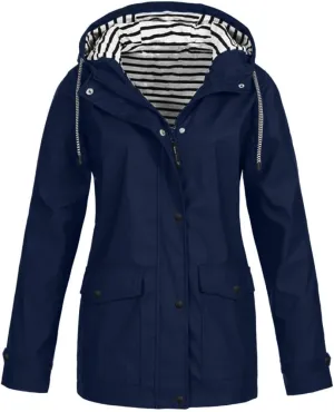 Women'sLong Sleeve Trench Jacket Fashion 2024 Solid With Button Outdoor Raincoat Winter Comfy Hooded Windbreaker