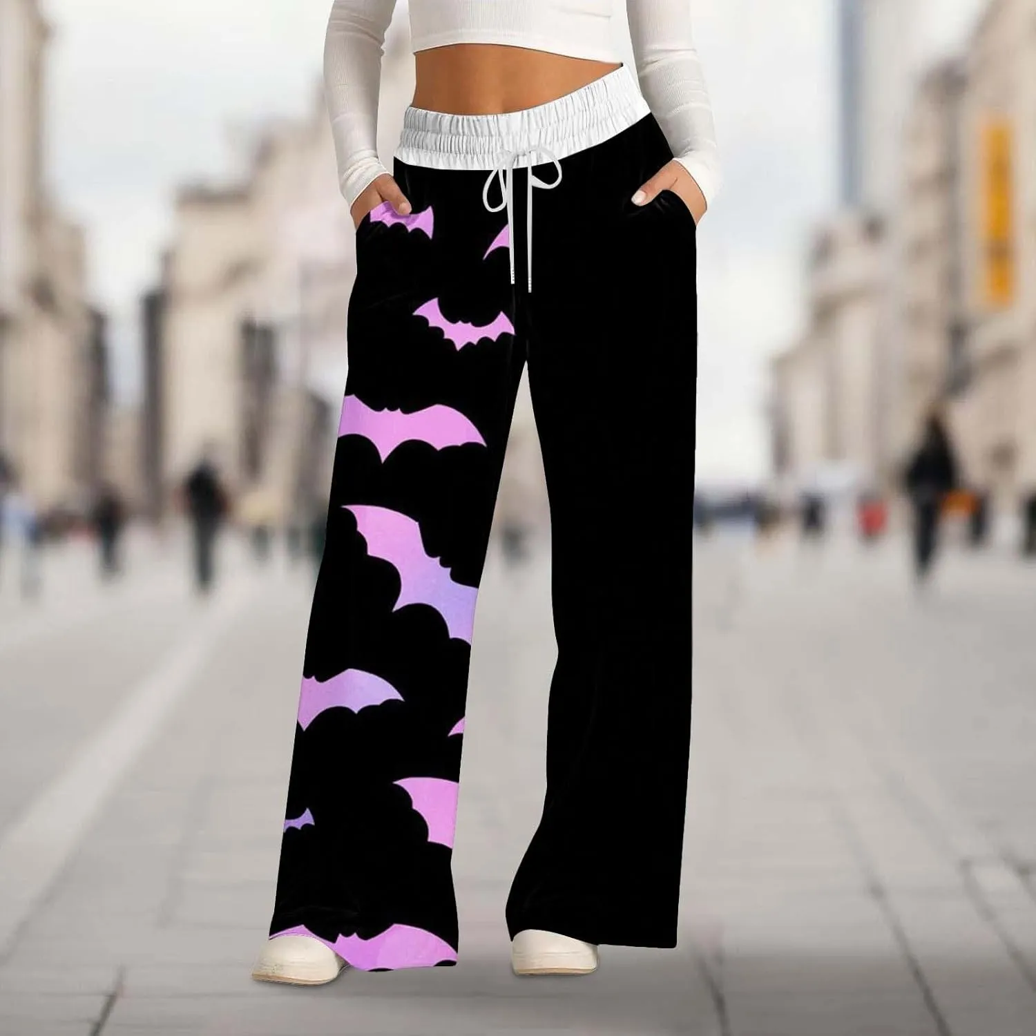 Women'sSweatpants Halloween Printed Overalls Waist Waist Wide Leg Casual Pants Casual Loose Yoga Pants with Pockets